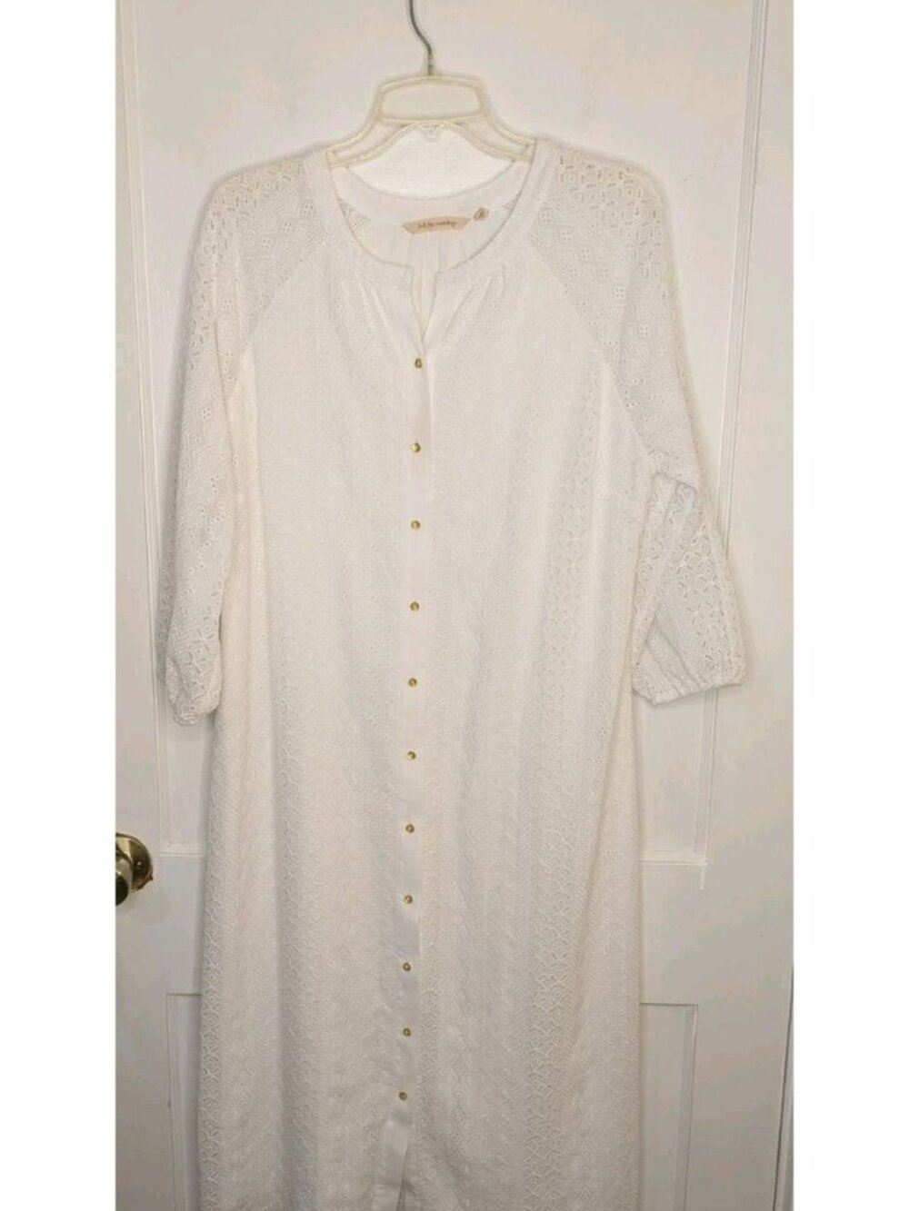 Soft Surroundings White Eyelet Holland Gold Button Down Dress Size L Cottagecore